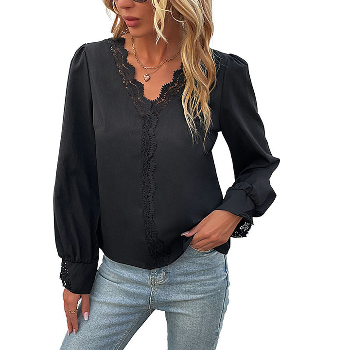 Damen Elegante V-Ausschnitt-Bluse mit Spitzenbesatz und langen Ballonärmeln Drune