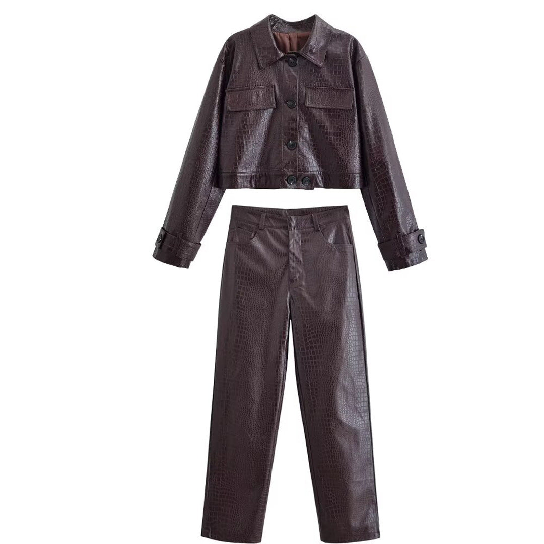 Damen Hochtaillierte Straight-Leg Kunstlederhose mit Krokoprägung Drune