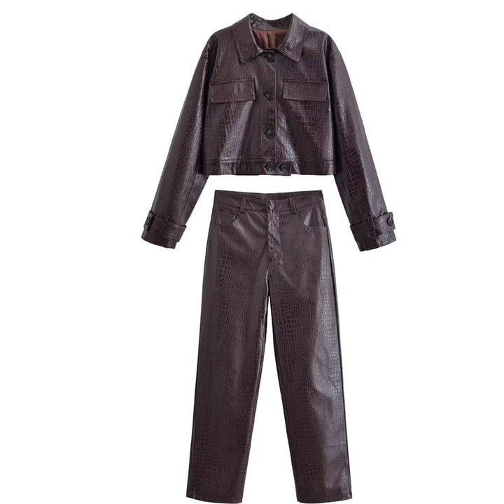 Damen Hochtaillierte Straight-Leg Kunstlederhose mit Krokoprägung Drune