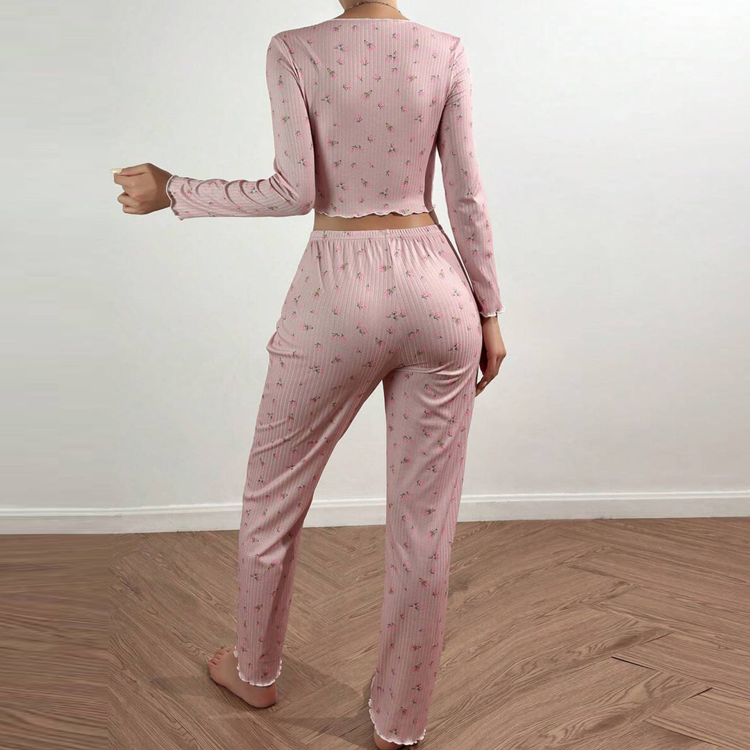 Damen Pyjama-Set mit zarter Rüsche und floralem Muster Drune