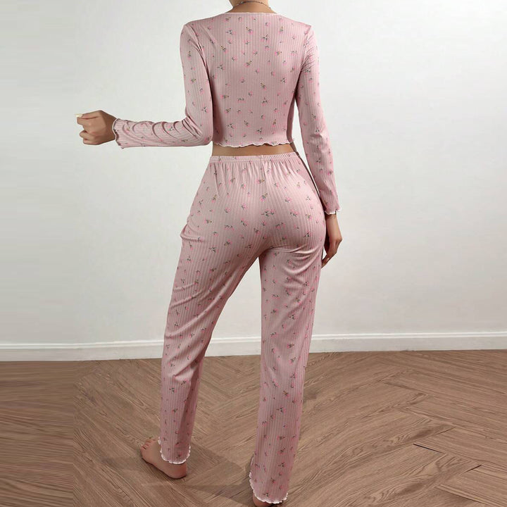 Damen Pyjama-Set mit zarter Rüsche und floralem Muster Drune