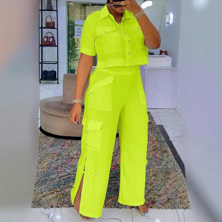Damen nan zweiteiliges Hemd- und Cargo-Hosen-Set mit kurzem Oversize-Hemd, hoher Taille, weitem Bein und seitlichen Beinschlitzen Drune