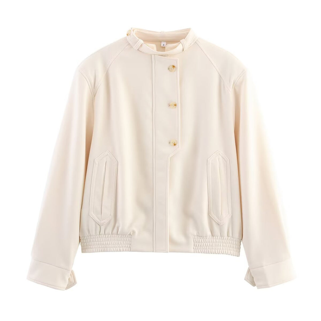 Damen Bomber-Kurzjacke mit Stehkragen, verdeckter Knopfleiste und elastischem Saum Drune