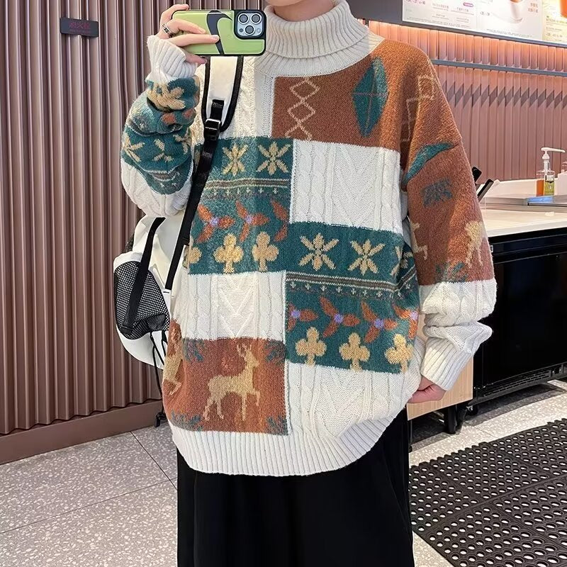 Damen Gemusterter Oversized Pullover mit Stehkragen Drune