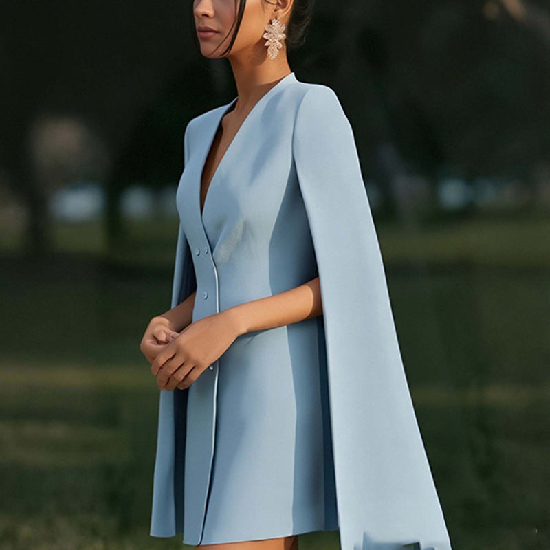 Damen Überwurf Kleid mit Kapuze und doppelter Knopfleiste Drune