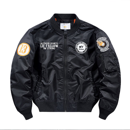 Herren Nylon Piloten-Bomberjacke mit Emblem‑Patches, Ärmel‑Utilitytasche und Rippbündchen Drune