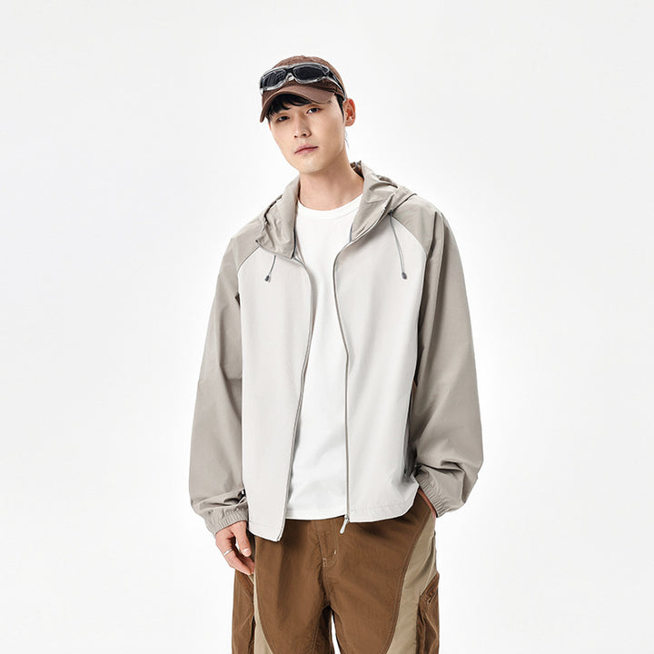 Herren Leichte Kapuzen‑Windbreaker‑Jacke mit Raglanärmeln, Zwei-Wege‑Reißverschluss und verdeckten Reißverschlusstaschen Drune