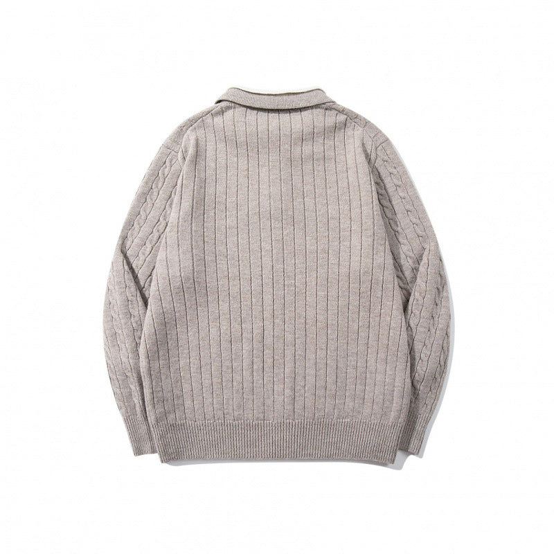 Herren Grobgestrickter Polokragen-Pullover mit Zopfmuster und Knopfleiste Drune