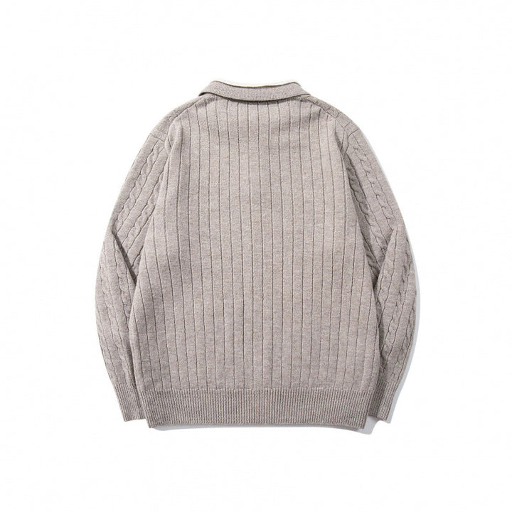 Herren Grobgestrickter Polokragen-Pullover mit Zopfmuster und Knopfleiste Drune