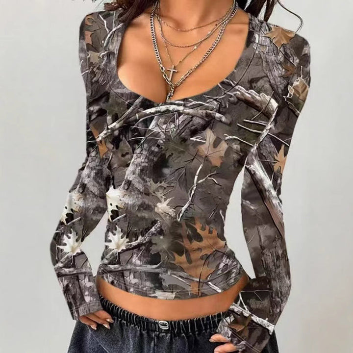 Damen Camouflage Langarmshirt mit V-Ausschnitt und modernen Details Drune