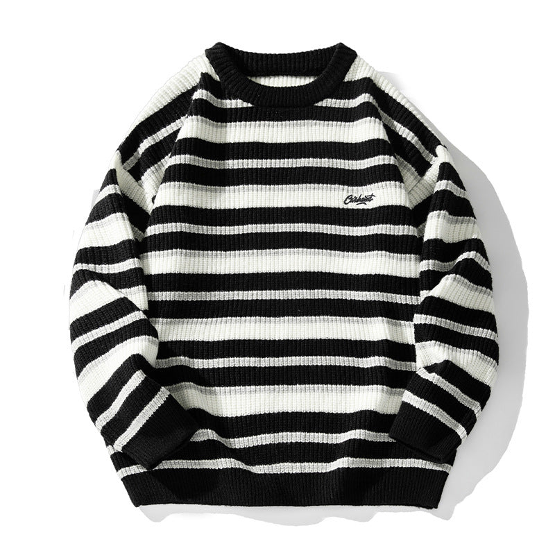 Unisex Gestreifter Grobstrick-Pullover mit Rundhalsausschnitt und Relaxed‑Fit Drune