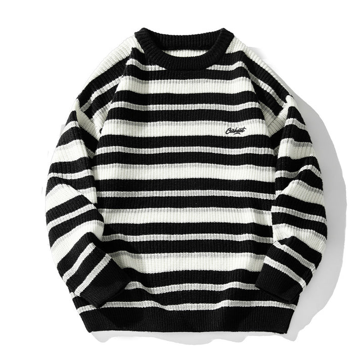 Unisex Gestreifter Grobstrick-Pullover mit Rundhalsausschnitt und Relaxed‑Fit Drune