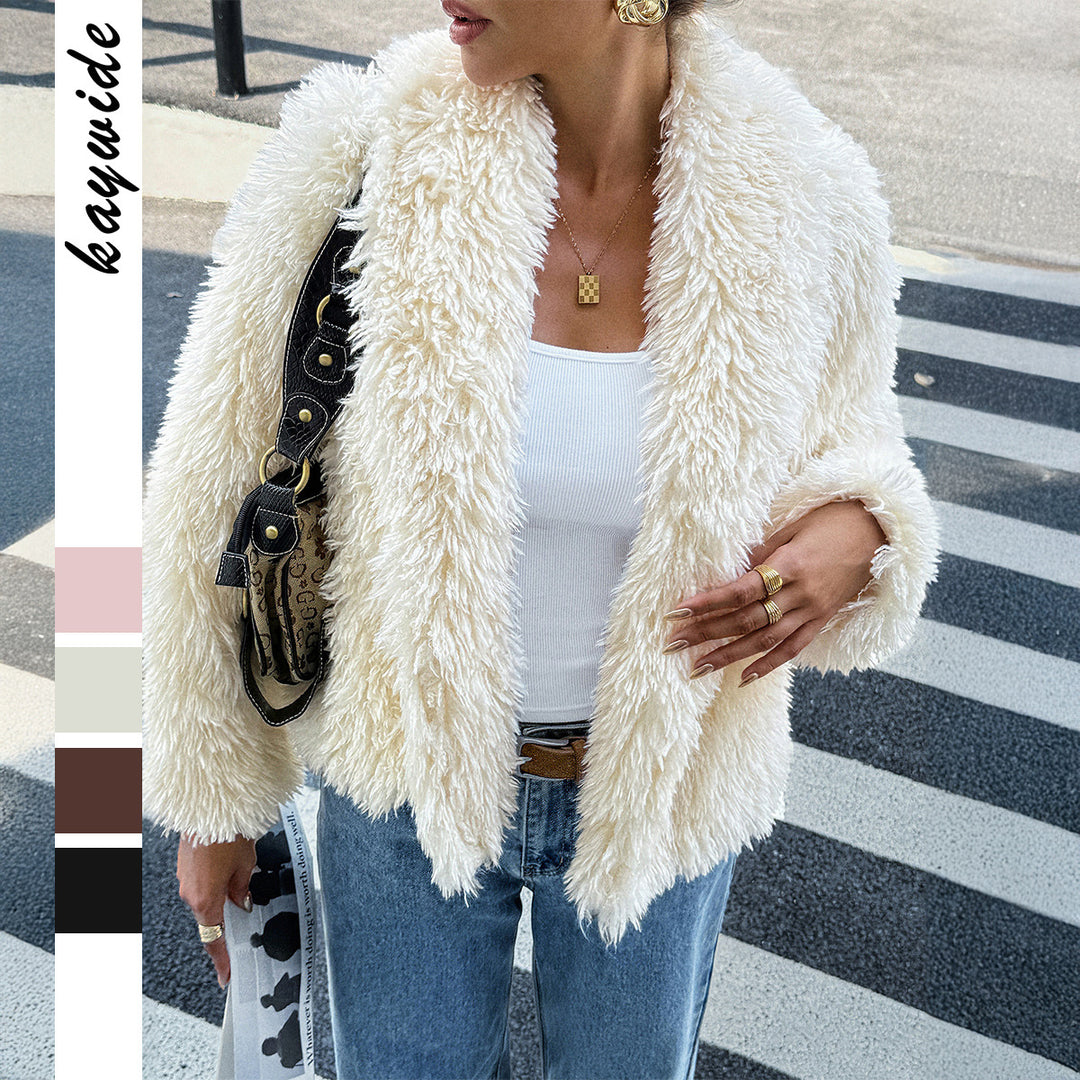 Damen nan flauschiger Teddy-Mantel mit Oversize-Schalkragen, kurzer Länge und geradem Schnitt Drune