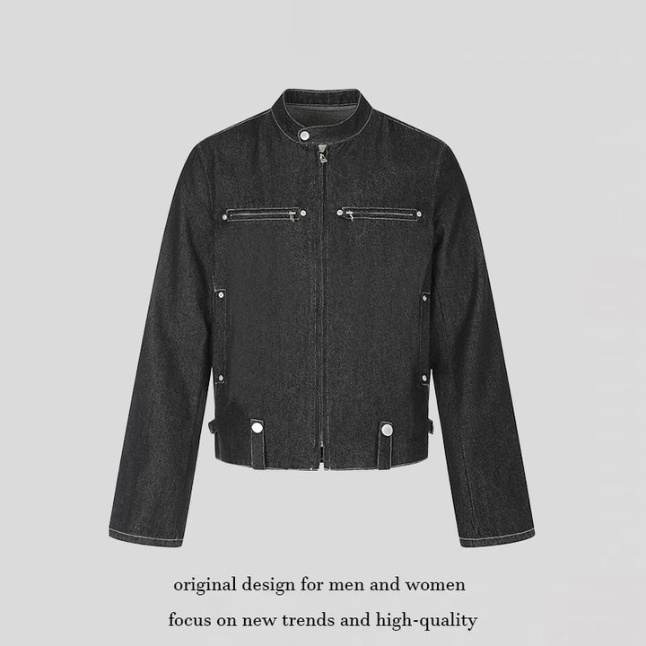 Damen kurze Denim-Bikerjacke mit Stehkragen, Reißverschluss und Druckknopfdetails Drune