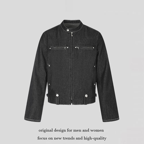 Damen kurze Denim-Bikerjacke mit Stehkragen, Reißverschluss und Druckknopfdetails Drune