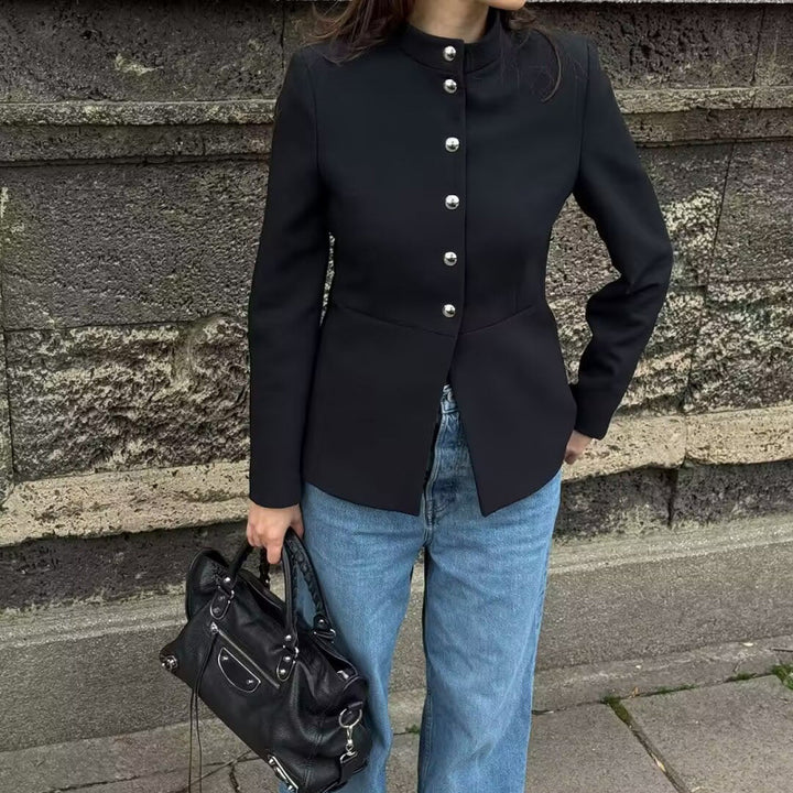 Damen elegante Jacke mit Stehkragen und goldenen Knopfdetails Drune