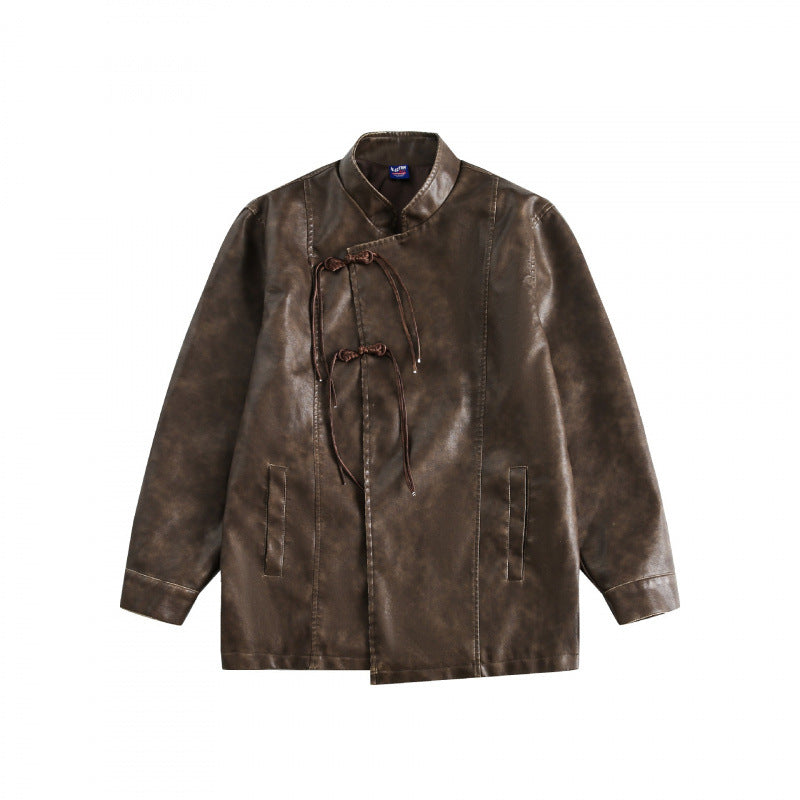 Herren Kurzjacke im Vintage-Lederlook mit Stehkragen und dekorativen Kordelverschlüssen Drune