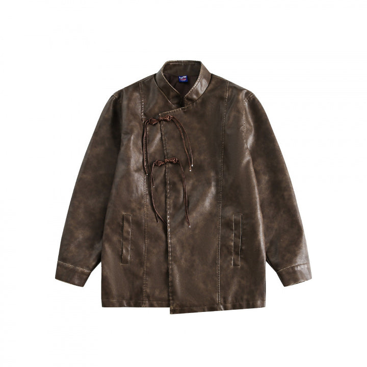 Herren Kurzjacke im Vintage-Lederlook mit Stehkragen und dekorativen Kordelverschlüssen Drune