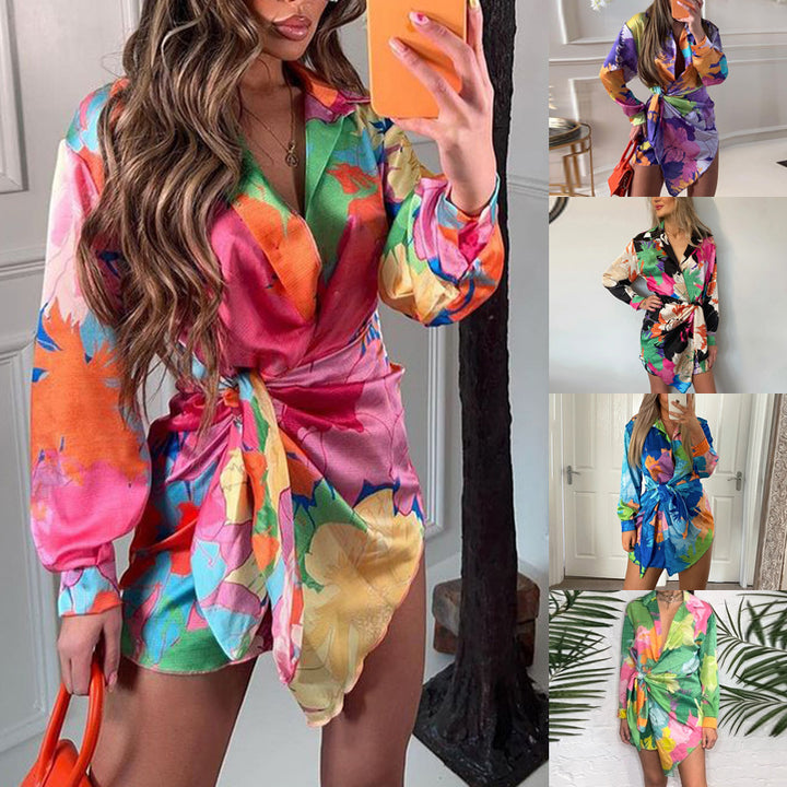 Damen Wickel-Mini-Kleid aus Satin mit tropischem Aquarell-Print Drune