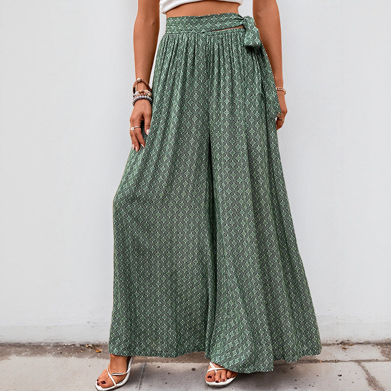 Damen Weite Palazzo-Hose mit seitlichem Bindegürtel und elegantem Print Drune