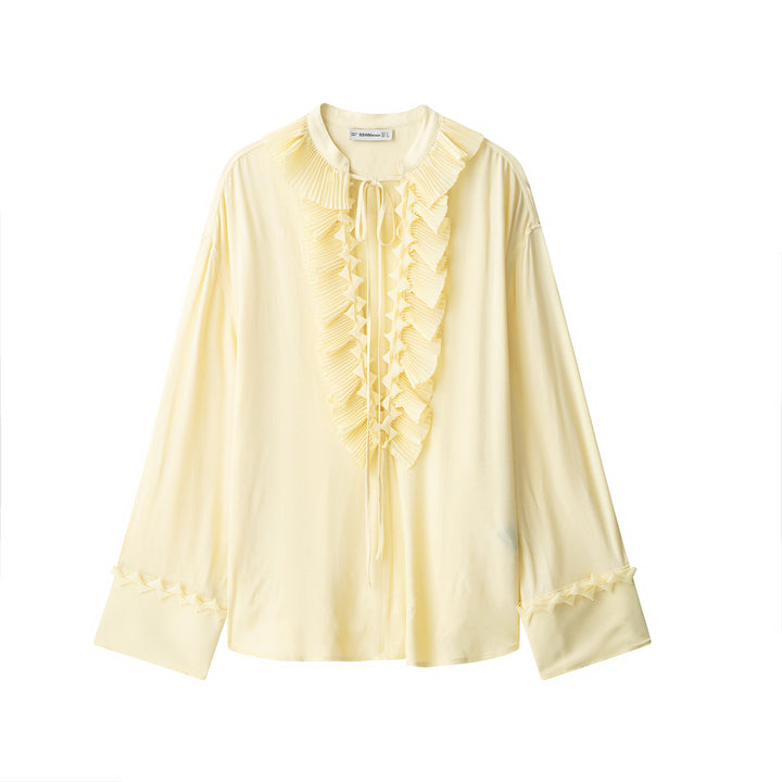 Damen 30+ romantische Bluse mit Plisseevolant, Bindeband und weiter Ärmel Drune