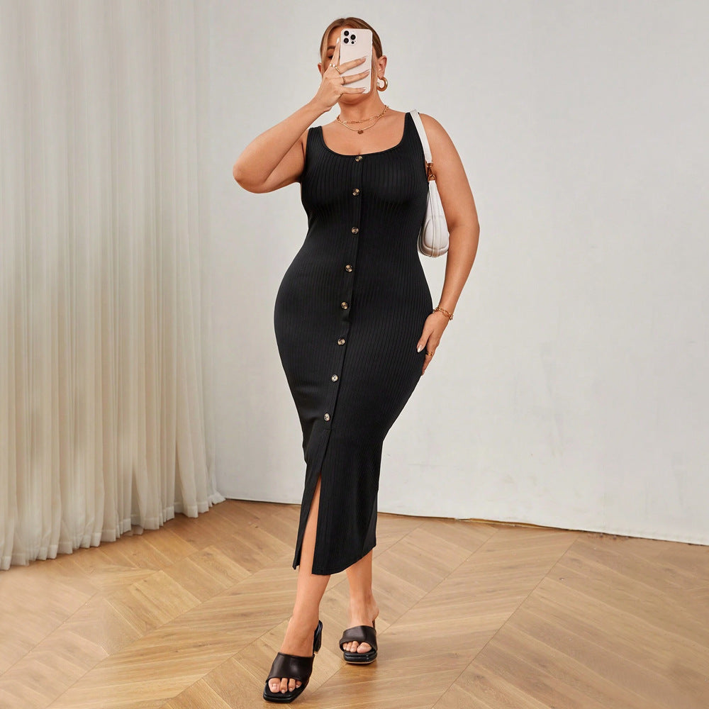 Damen figurbetontes Midikleid mit Knopfleiste und Schlitzdetail Drune