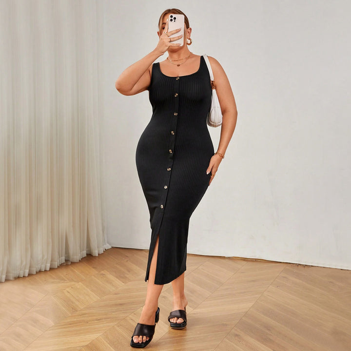 Damen figurbetontes Midikleid mit Knopfleiste und Schlitzdetail Drune