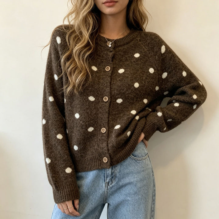 Damen Gepunkteter Mohair‑Optik Button‑Cardigan mit Rundhalsausschnitt Drune
