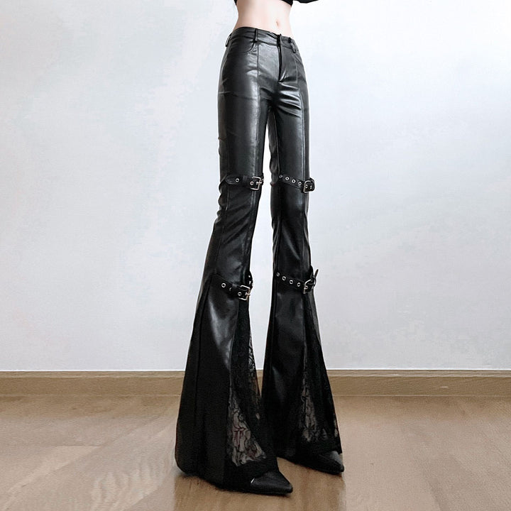 Damen Hochtaillierte Kunstleder-Hose mit ausgestelltem Schlag und doppelt geschnalltem Taillen-Gürtel Drune