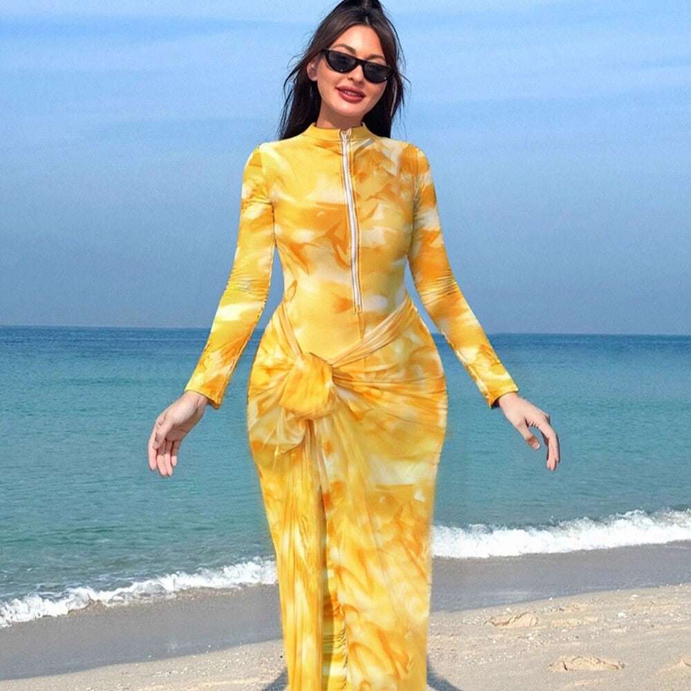 Damen Modischer Strandanzug mit langem Arm und Wickeldetail Drune
