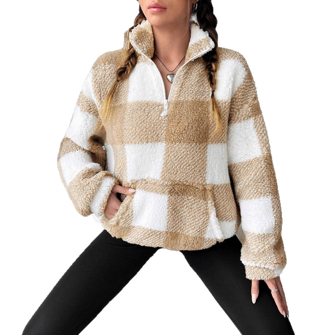 Damen nan kuscheliger Sherpa-Pullover mit Stehkragen, Half-Zip und Kängurutasche Drune