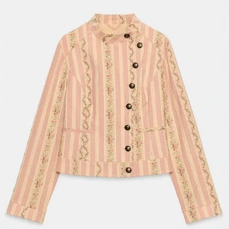 Damen Cropped Blazerjacke im Vintage‑Streifen‑Look mit Stehkragen und asymmetrischer Knopfleiste Drune