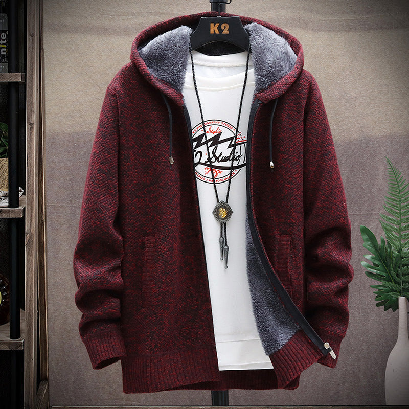 Herren nan gefütterte Strick-Kapuzensweatjacke mit Teddyfutter, durchgehendem Reißverschluss und Kängurutaschen Drune