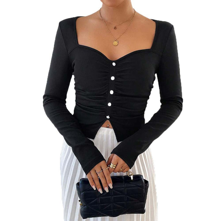 Damen figurbetontes gerafftes Langarm-Cropped-Top mit quadratischem Dekolleté und Zierknopfleiste Drune