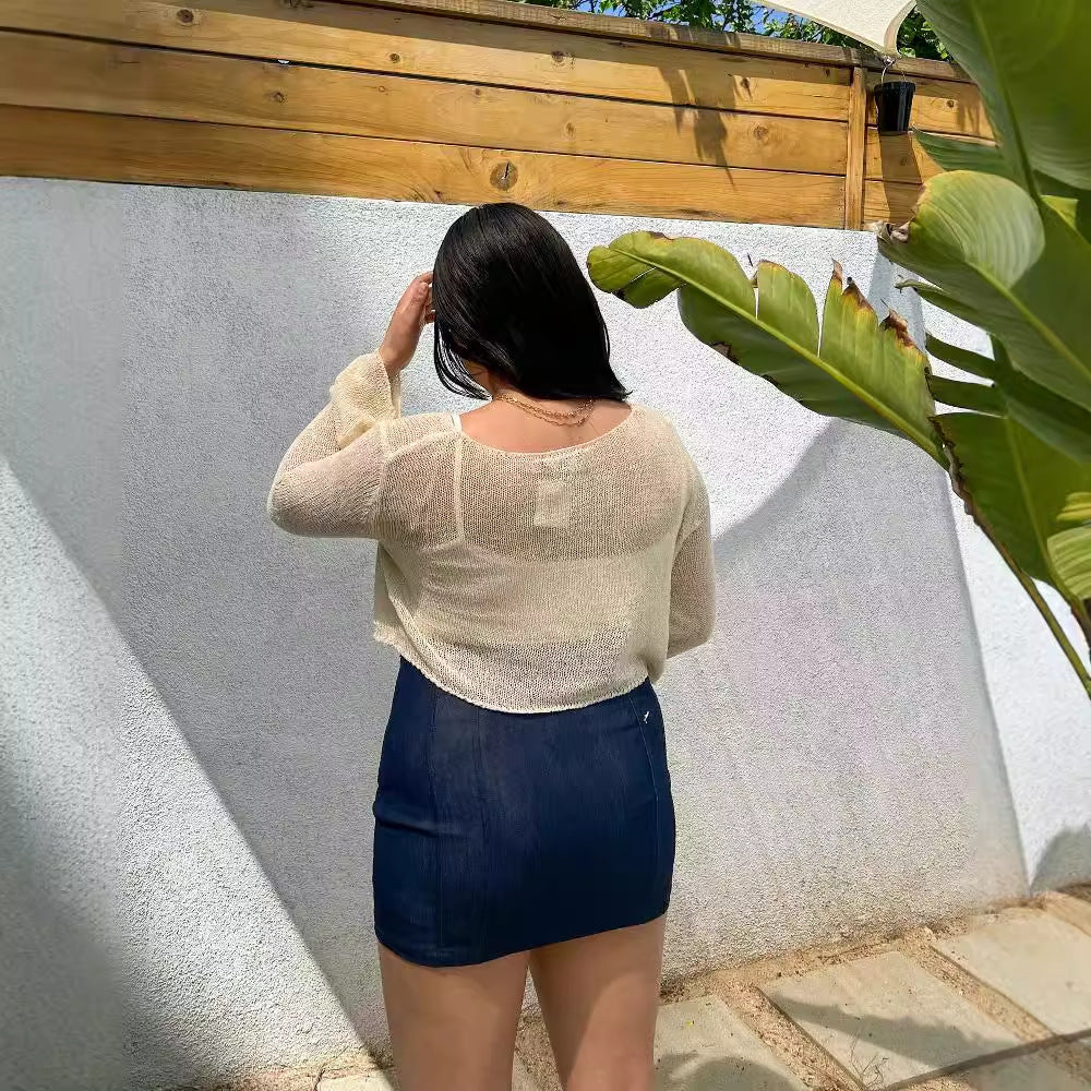Damen luftiges Strickoberteil mit weitem Schnitt und eleganten Trompetenärmeln Drune