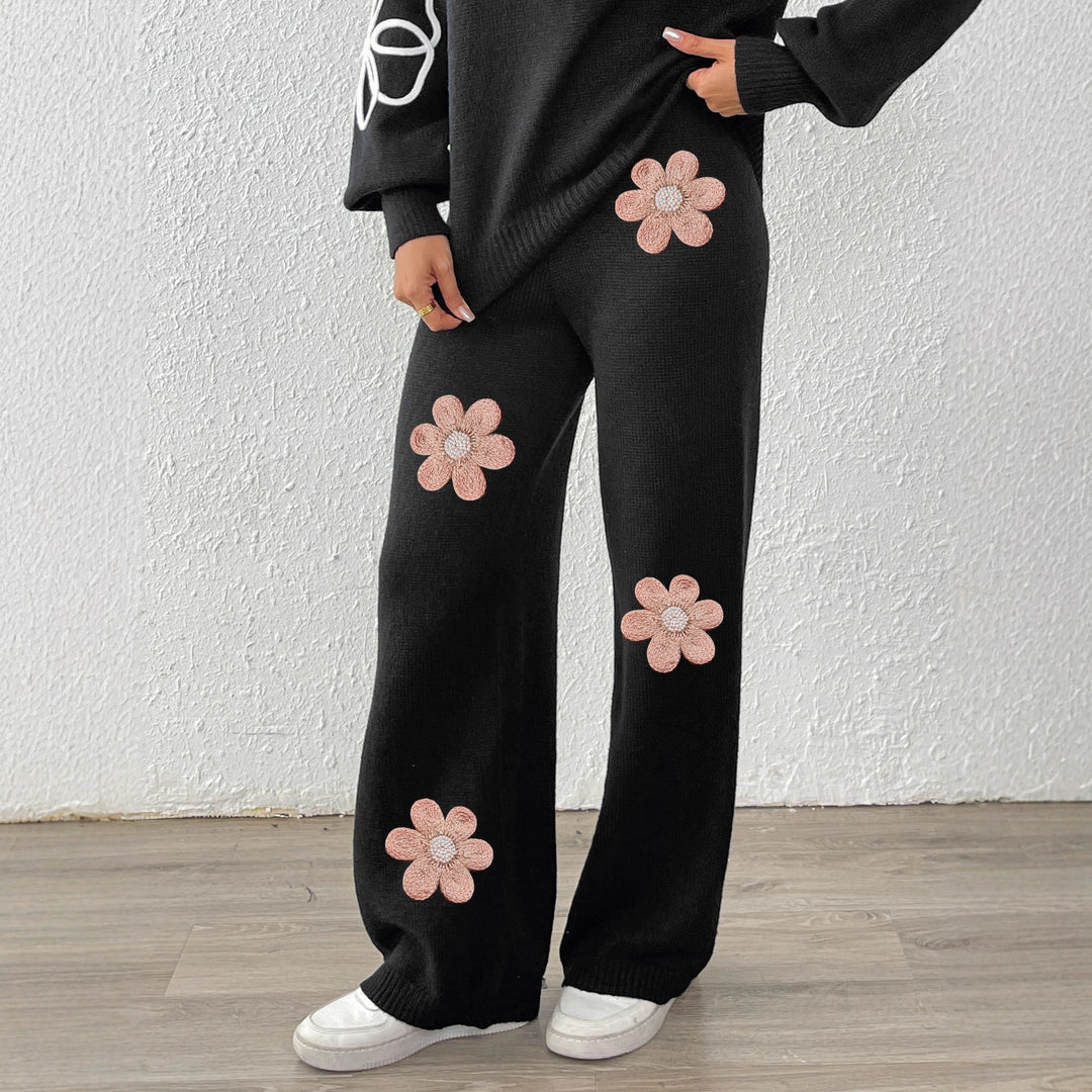 Damen lockere Strickhose mit floralen Applikationen Drune