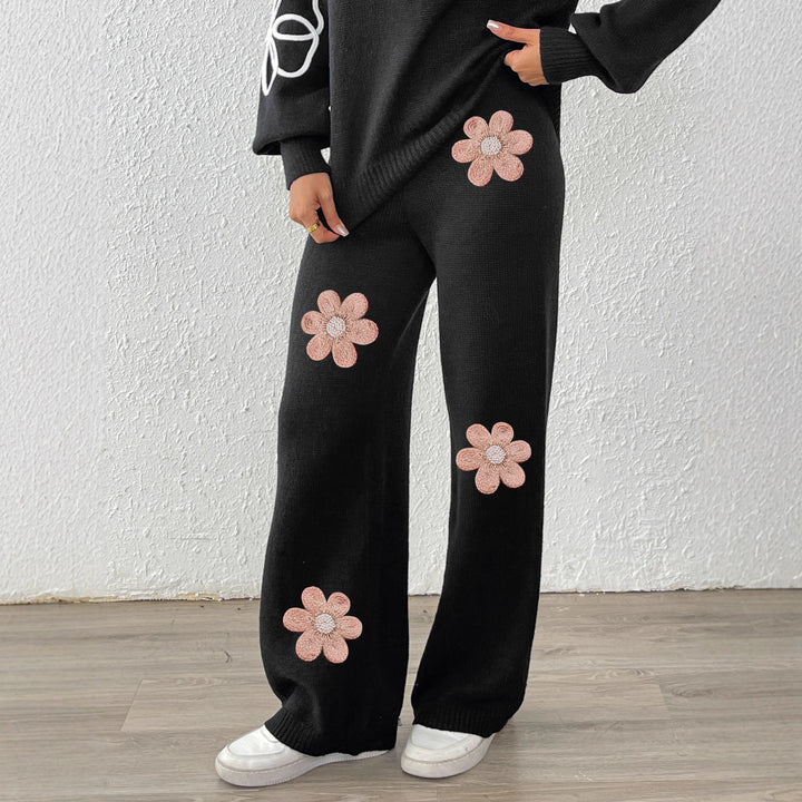 Damen lockere Strickhose mit floralen Applikationen Drune