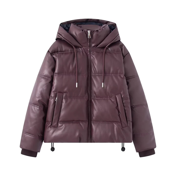 Damen Kurz gesteppte Kunstleder-Pufferjacke mit Kapuze, Tunnelzug und seitlichen Eingrifftaschen Drune