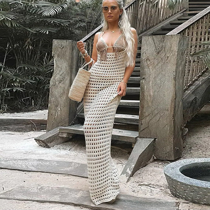 Damen gehäkeltes Maxikleid mit tiefem V-Ausschnitt und eleganter Schleifenverzierung Drune