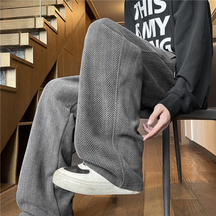 Herren Weit geschnittene Loungehose mit Fischgrätstruktur, elastischem Bund und Tunnelzug Drune