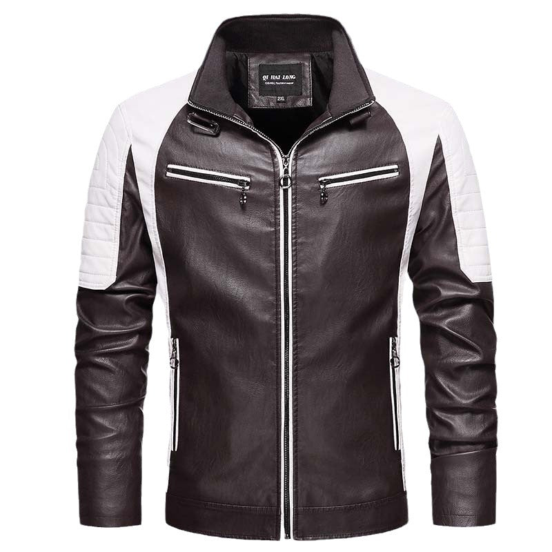 Herren Biker-Lederimitatjacke im Racing-Stil mit Stehkragen und Reißverschlusstaschen Drune