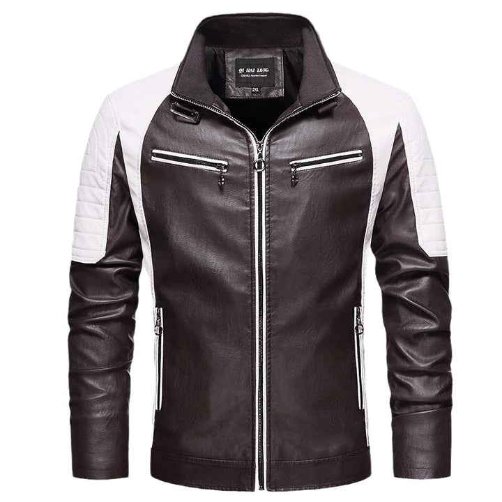 Herren Biker-Lederimitatjacke im Racing-Stil mit Stehkragen und Reißverschlusstaschen Drune