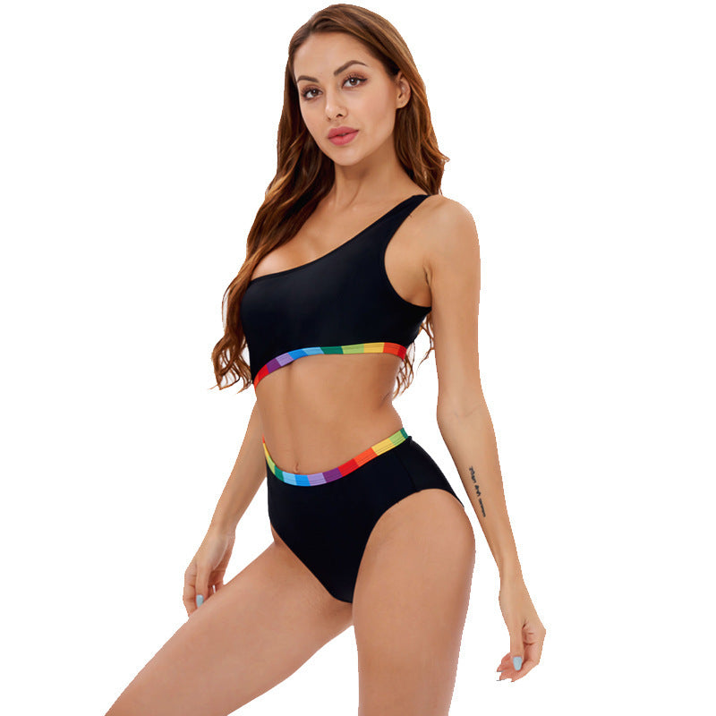 Damen Einseitiger Triangel-Bikini mit buntem Akzentband Drune