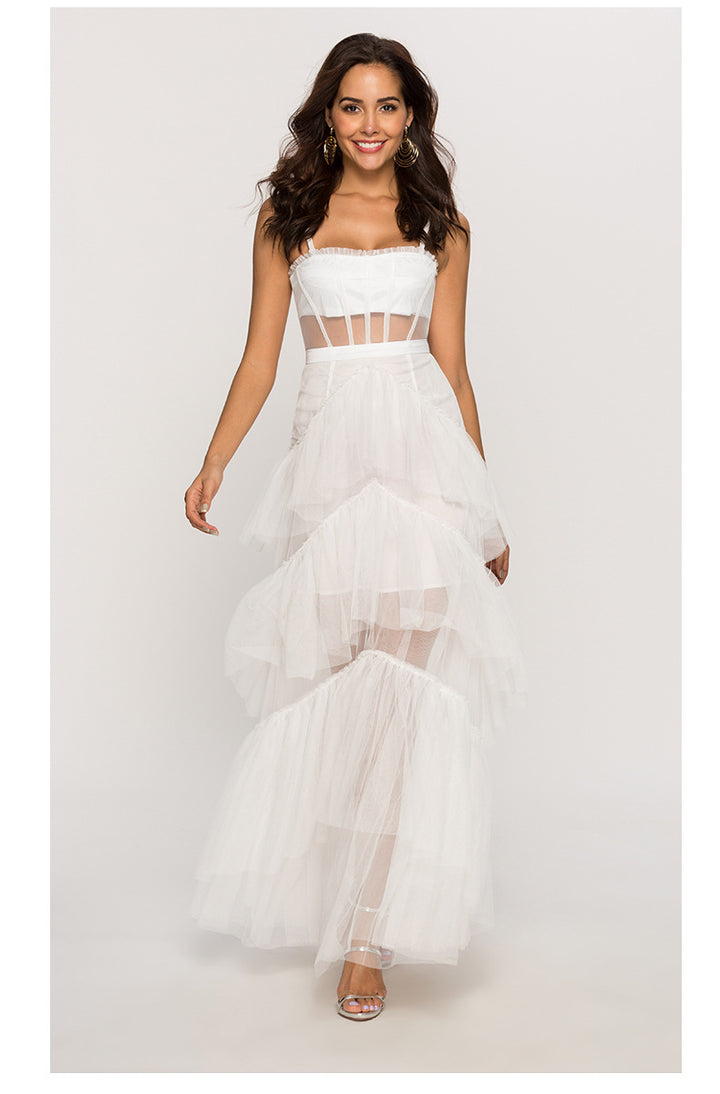 Damen Maxikleid mit mehrlagigem Tüllsaum und transparenter Einsätzen Drune