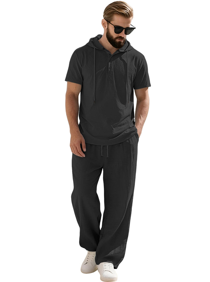 Herren nan lässiges Kurzarm-Kapuzenshirt im gekreppten Baumwollmix mit Henley-Knopfleiste Drune