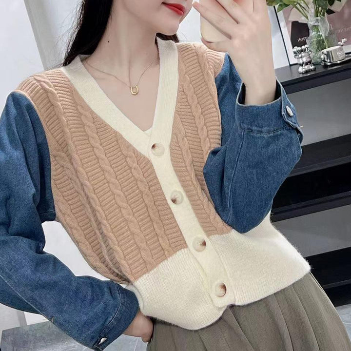 Damen Modischer Strickcardigan mit Denim-Ärmeln Drune