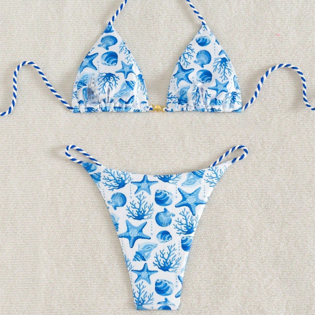 Damen Triangel-Bikini mit maritimen Motiven und verspielten Kordelbindungen Drune