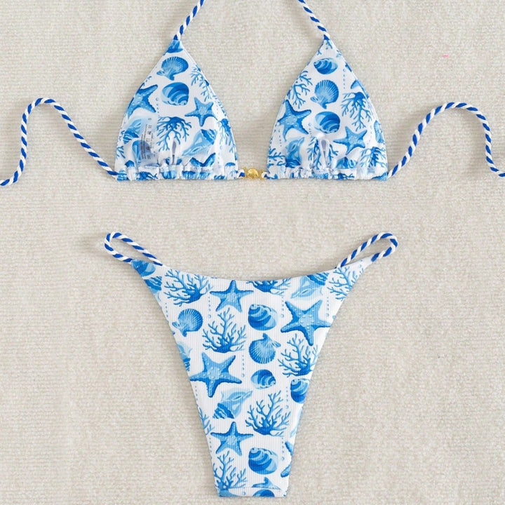 Damen Triangel-Bikini mit maritimen Motiven und verspielten Kordelbindungen Drune