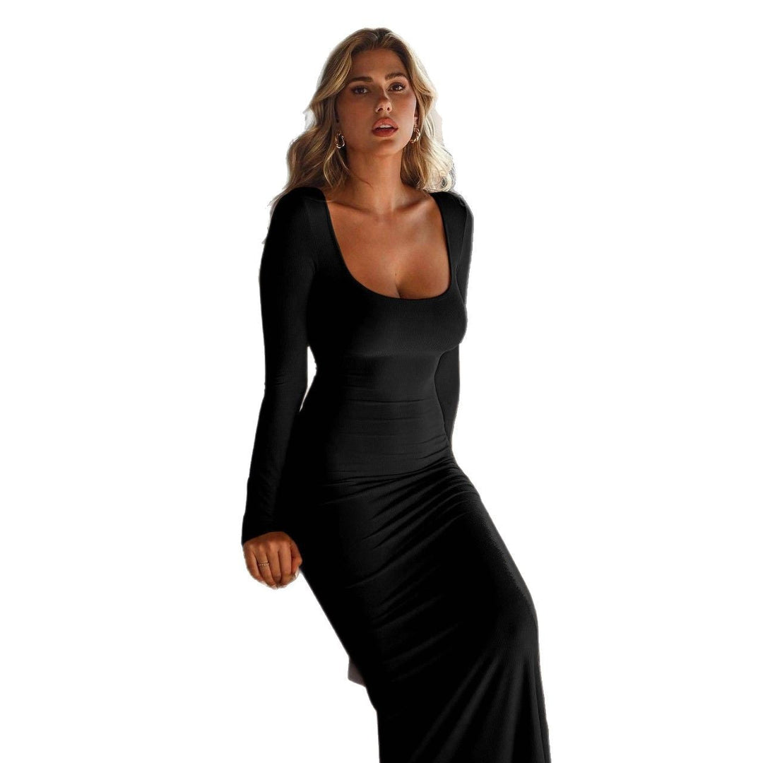 Damen figurbetontes Langarm-Maxikleid mit rundem Ausschnitt und elastischer Passform Drune