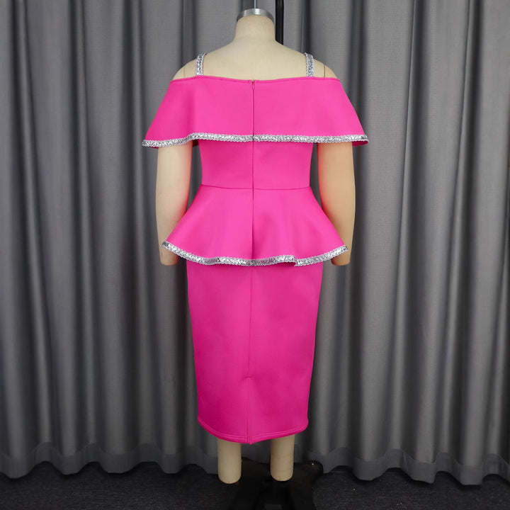Damen Elegantes Cocktailkleid mit schulterfreiem Volant und funkelnden Akzenten Drune